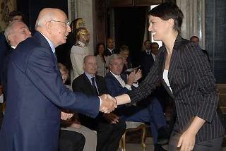 Il Presidente Giorgio Napolitano con l'Attrice Paola Cortellesi, in occasione della presentazione dei finalisti e dei vincitoridei Premi &quot;ETI-Gi Olimpici del Teatro&quot;.
