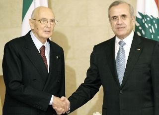 I Presidenti della Repubblica Italiana Giorgio Napolitano e Libanese Michel Sleiman al Palazzo Presidenziale di Baabda