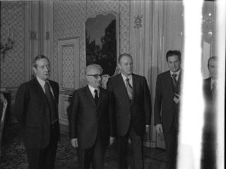 Il Presidente della Repubblica Giovanni Leone con Heinz Oskar Vetter, Presidente della Confederazione Europea dei Sindacati, con i Segretari Generali della CGIL, CISL e UIL
